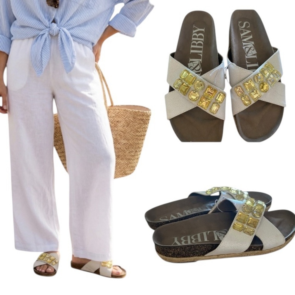 Sam & Libby white Sandals Yellow Rhinestone Coastal Birkenstock style slides